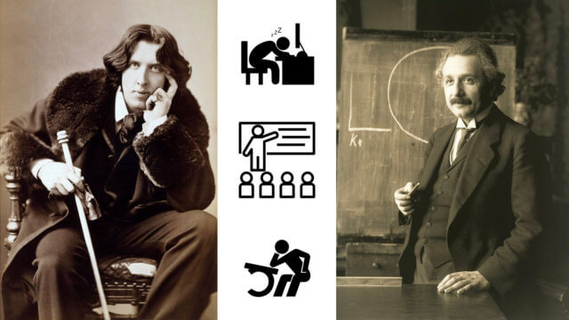 learning not education: photographs of Oscar Wilde and Albert Einstein surrounding three icons of a sleeping worker at a desk, a teacher in front of a class, and a student leaning on their desk.
Image attributions: Oscar Wilde image by Napoleon Sarony - Library of Congress, Public Domain, Albert Einstein image By Ferdinand Schmutzer, Public Domain